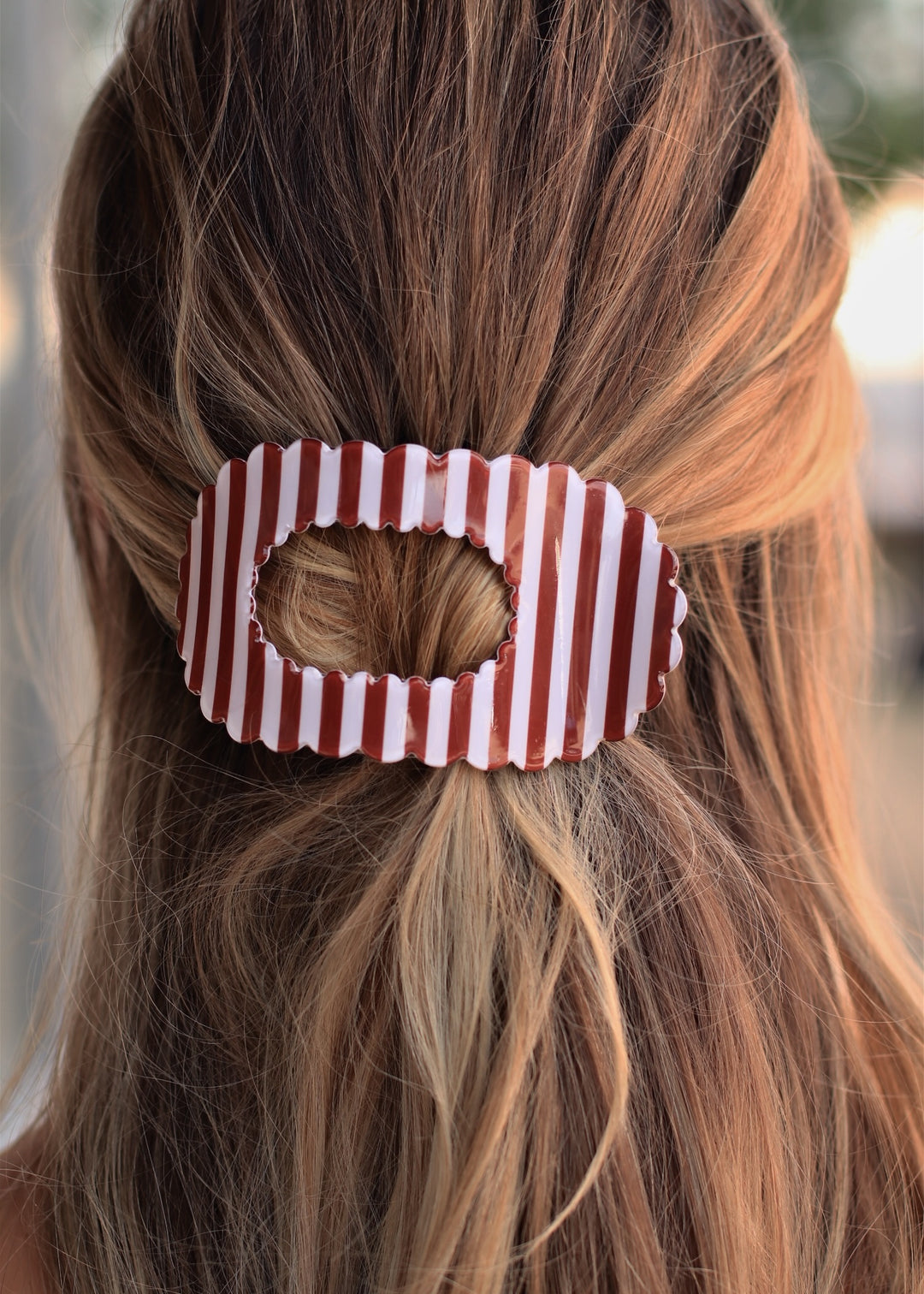Stripe Brown Scalloped Edge Flat Hair Claw Clip