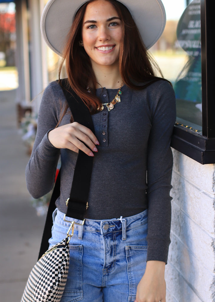 CLEARANCE FINAL SALE Henley Top - Long Sleeve Thermal Charcoal