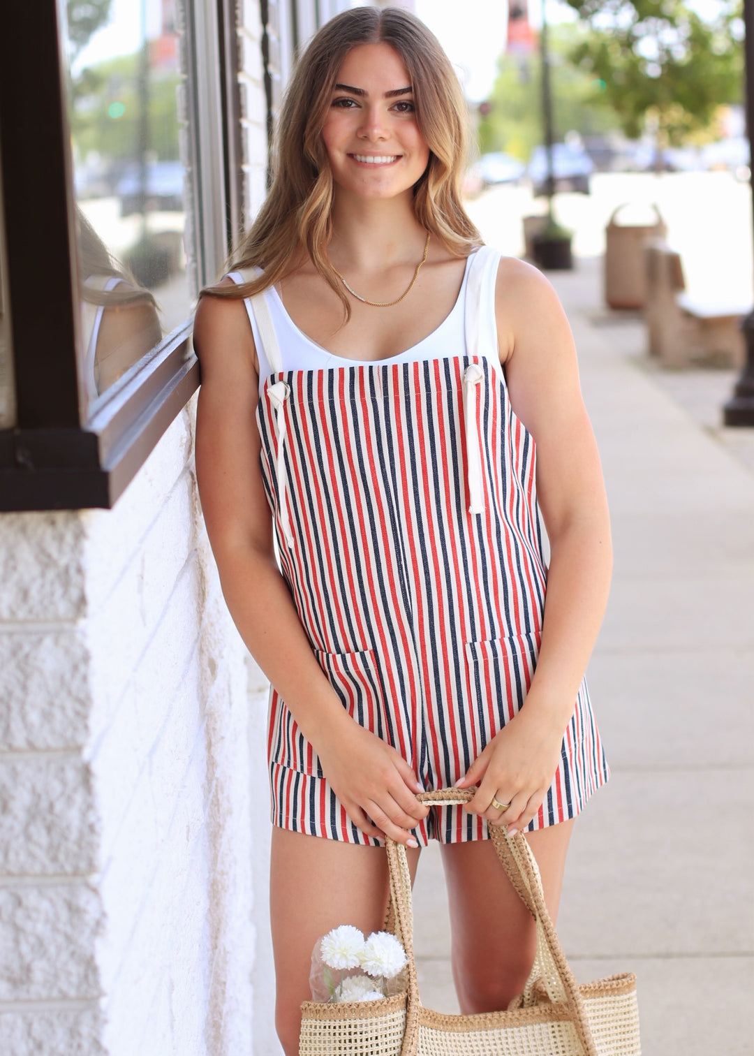 Red and Navy Striped Rope Romper