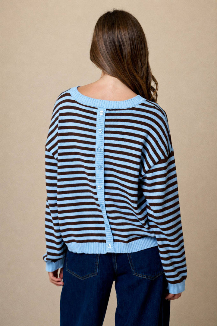 Oatmeal &amp; Brown Stripe Back Button Sweater
