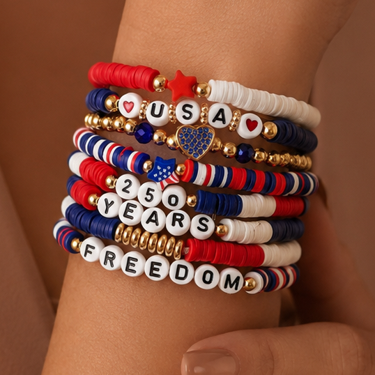 Patriotic USA 250 Years Freedom Layered Bracelet Set