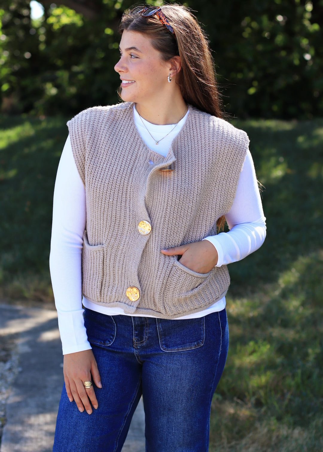 Stone Big Metal Button Front Sweat Vest