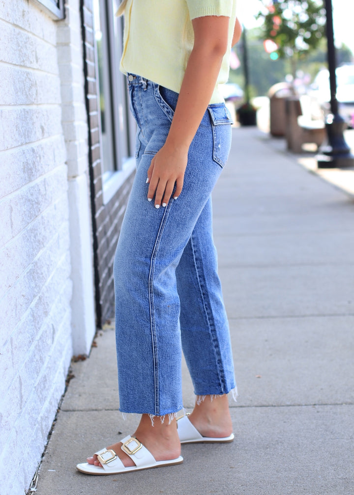 Collie High Rise Distressed Patch Pocket Slim Wide Jeans