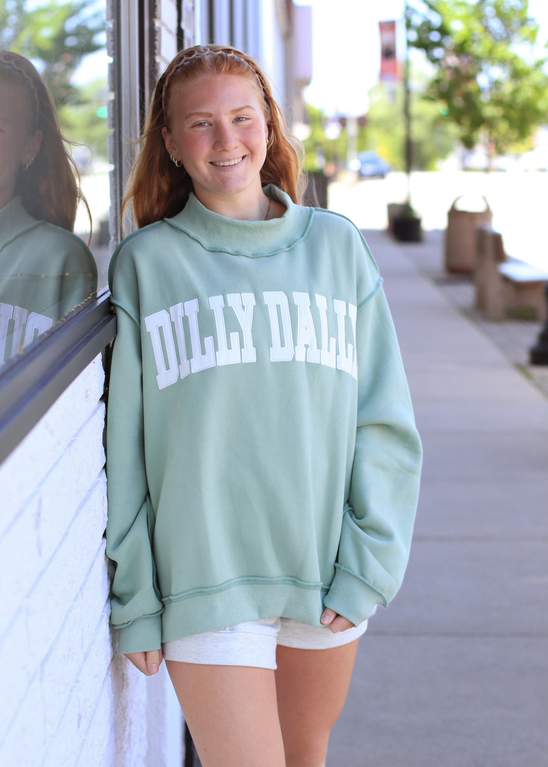 Dilly Dally Mock Neck Sweatshirt in Sage