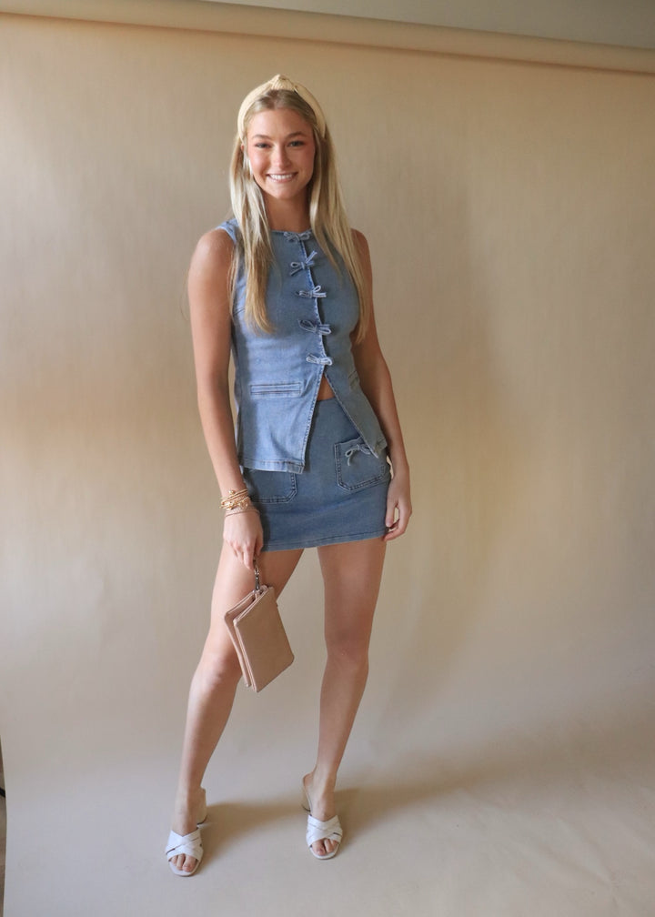 Mini Denim Skort With Front Pocket And Ribbon Bow Detail