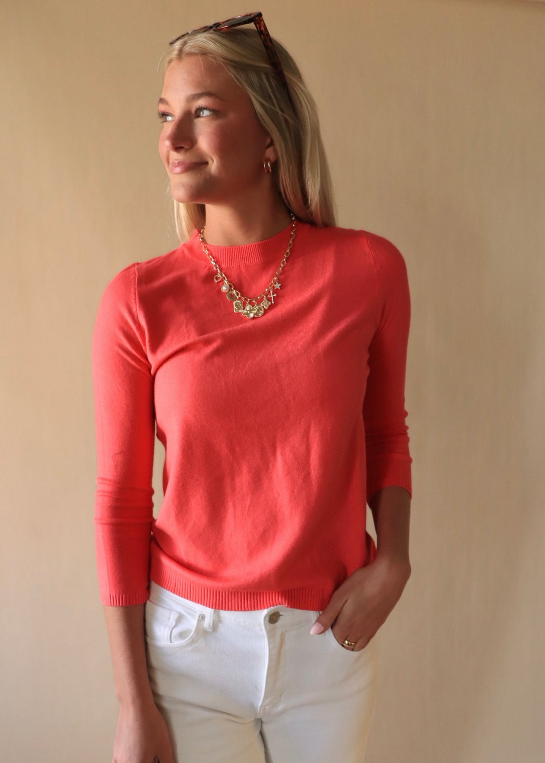 Coral Pink Fine Gauge Pullover Mock Neck