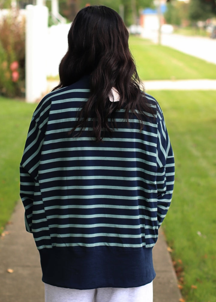 Striped Mock Neck Sweatshirt- Navy/Green