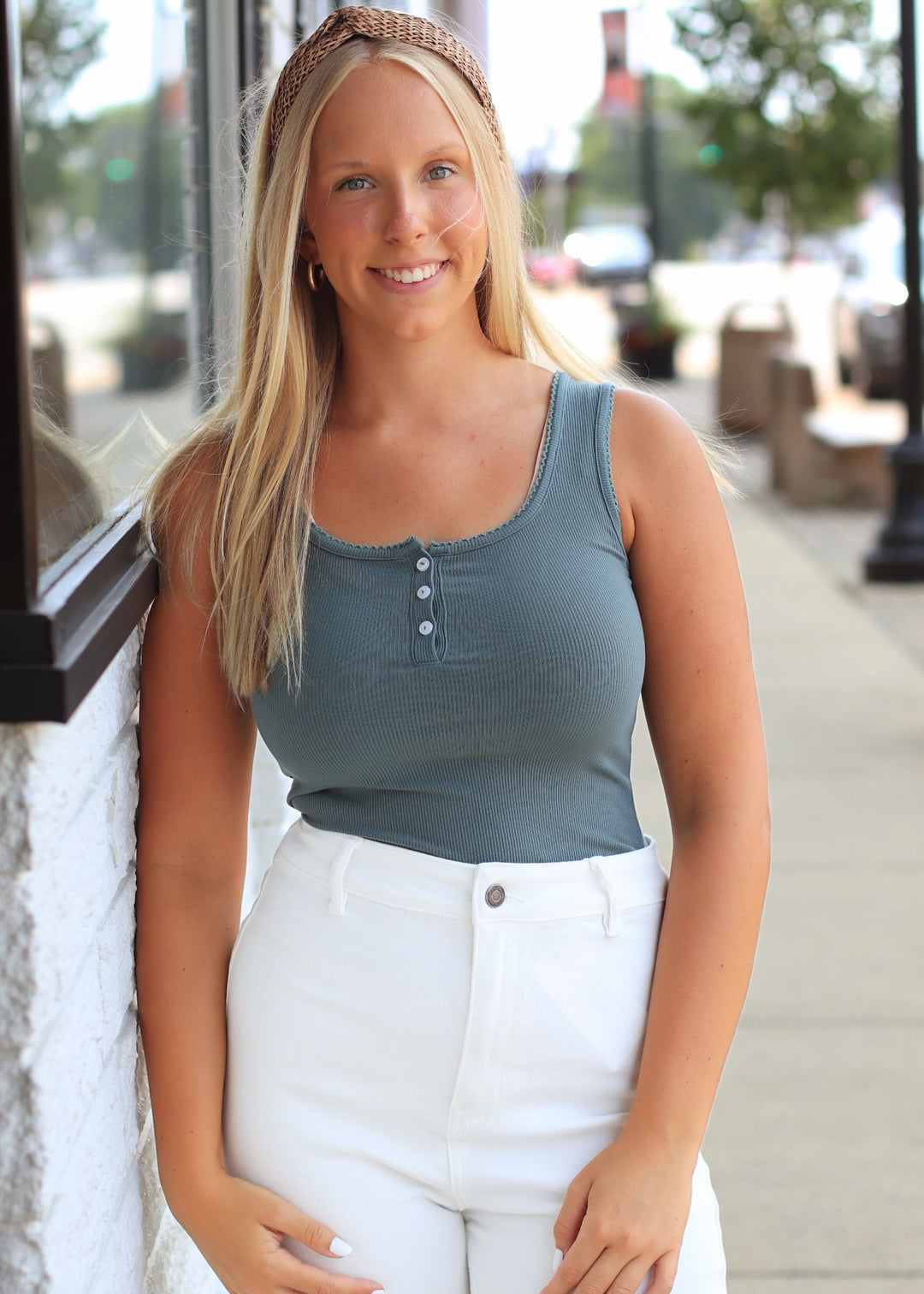 Ribbed Scoop Neck Button Front Tank Top