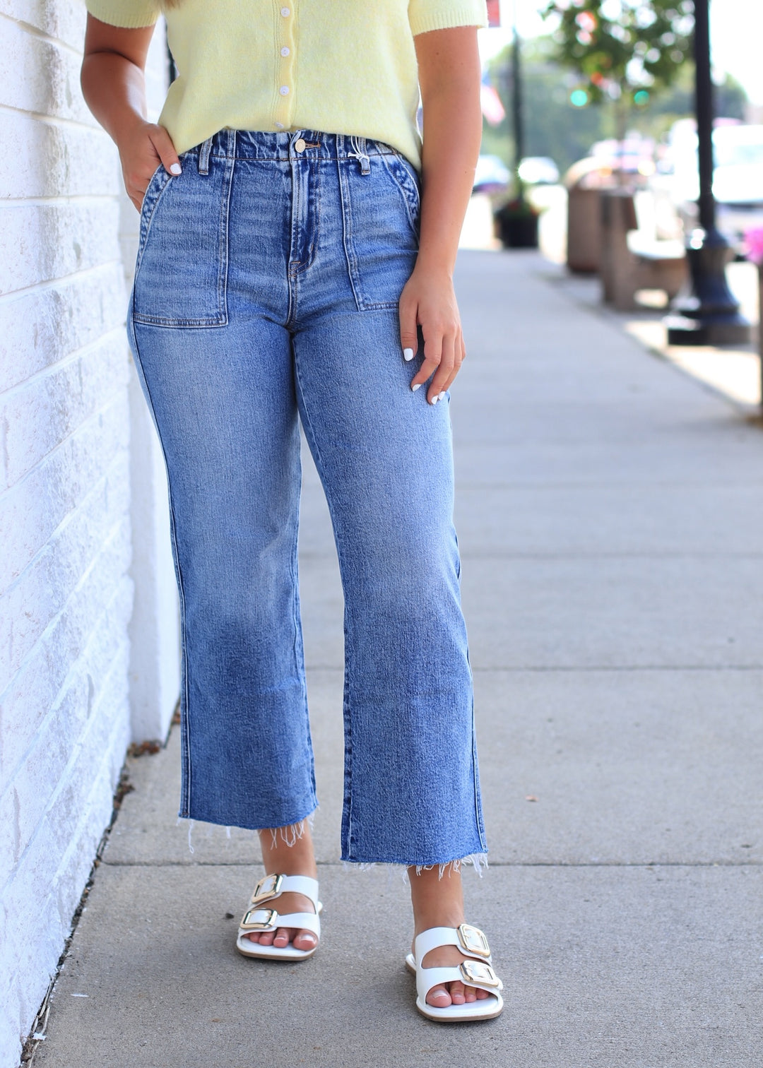 Collie High Rise Distressed Patch Pocket Slim Wide Jeans