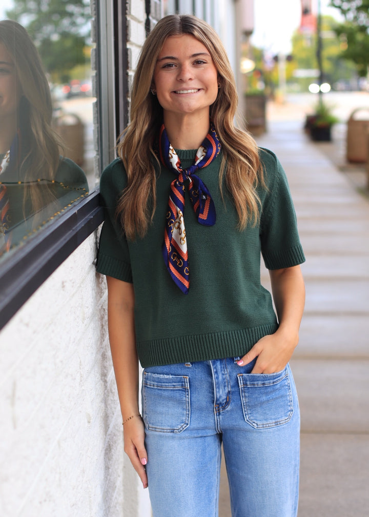 Classic Chain Print Square Scarf | Green &amp; Navy Border Silk-Feel Fashion Scarf