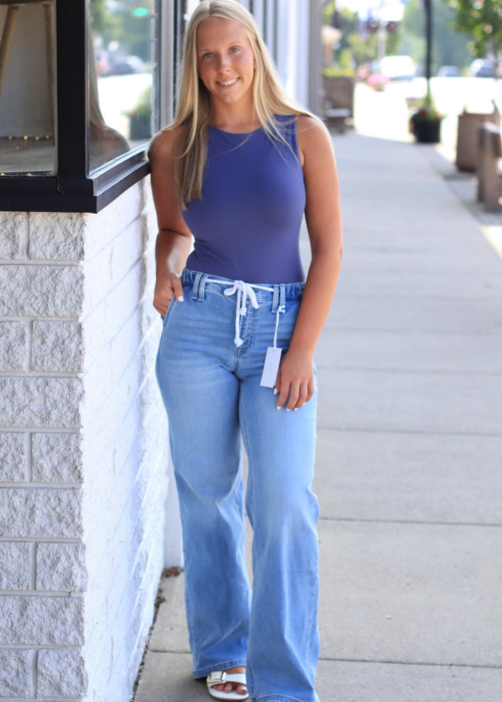 High Rise Elastic Waist Drawstring Wide Leg Jeans