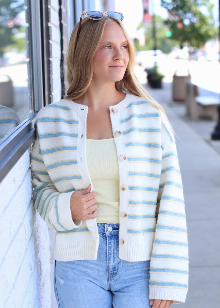 Ivory Multi Stripe Button-Up Cardigan