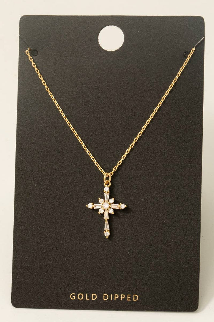 Gold Dipped Intricate Cz Cross Pendant Necklace