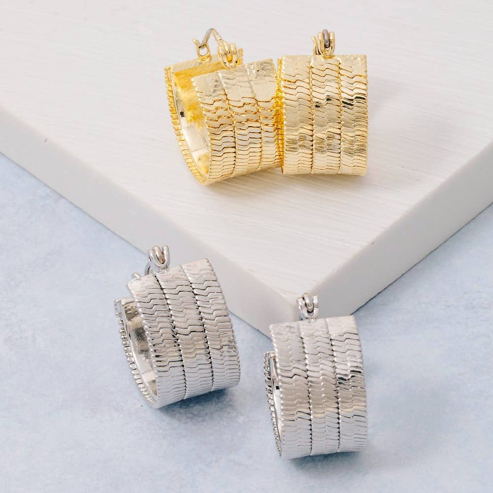 Gold Dipped Layered Herringbone Chain Hoop Earrings