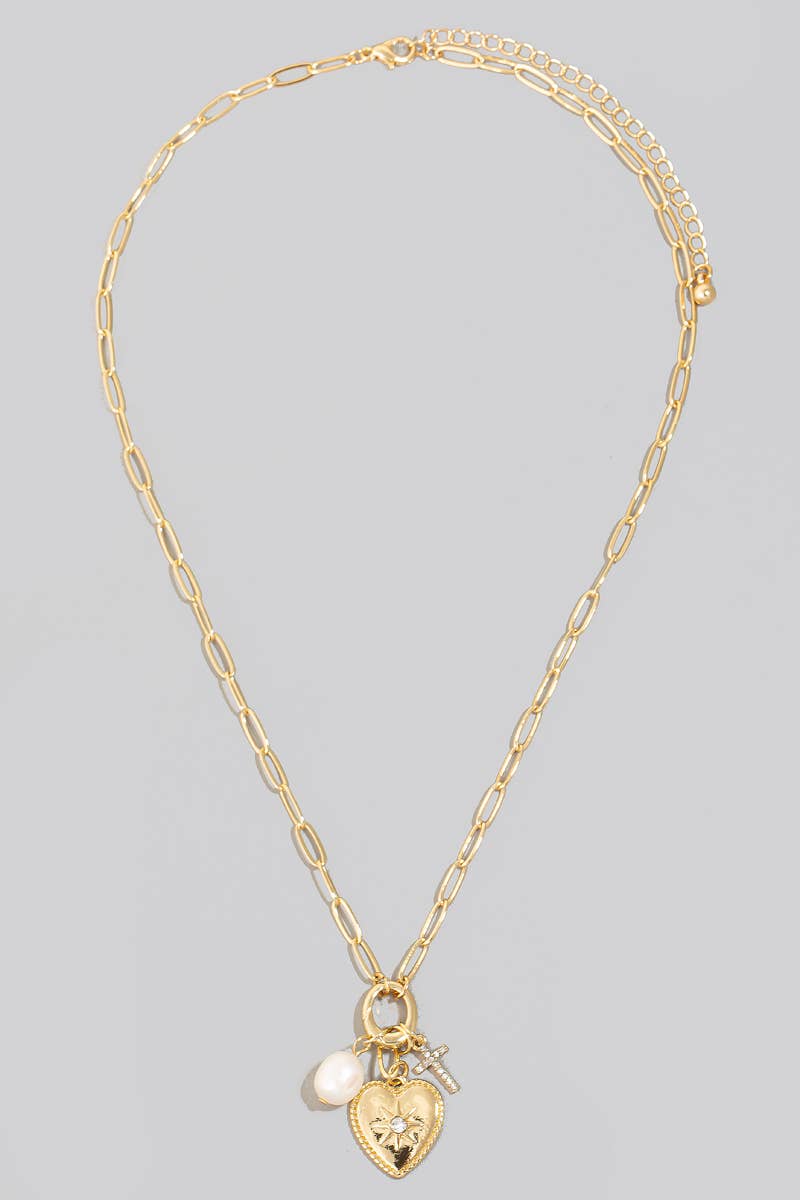 Pearl Cross And North Star Heart Charms Chain Necklace