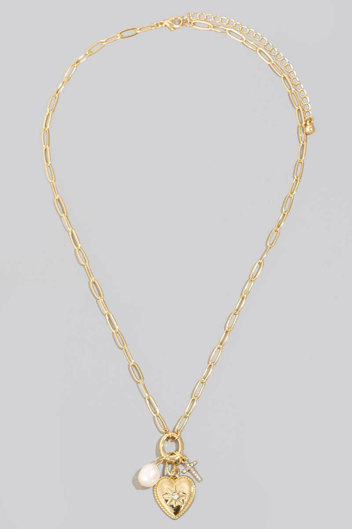 Pearl Cross And North Star Heart Charms Chain Necklace