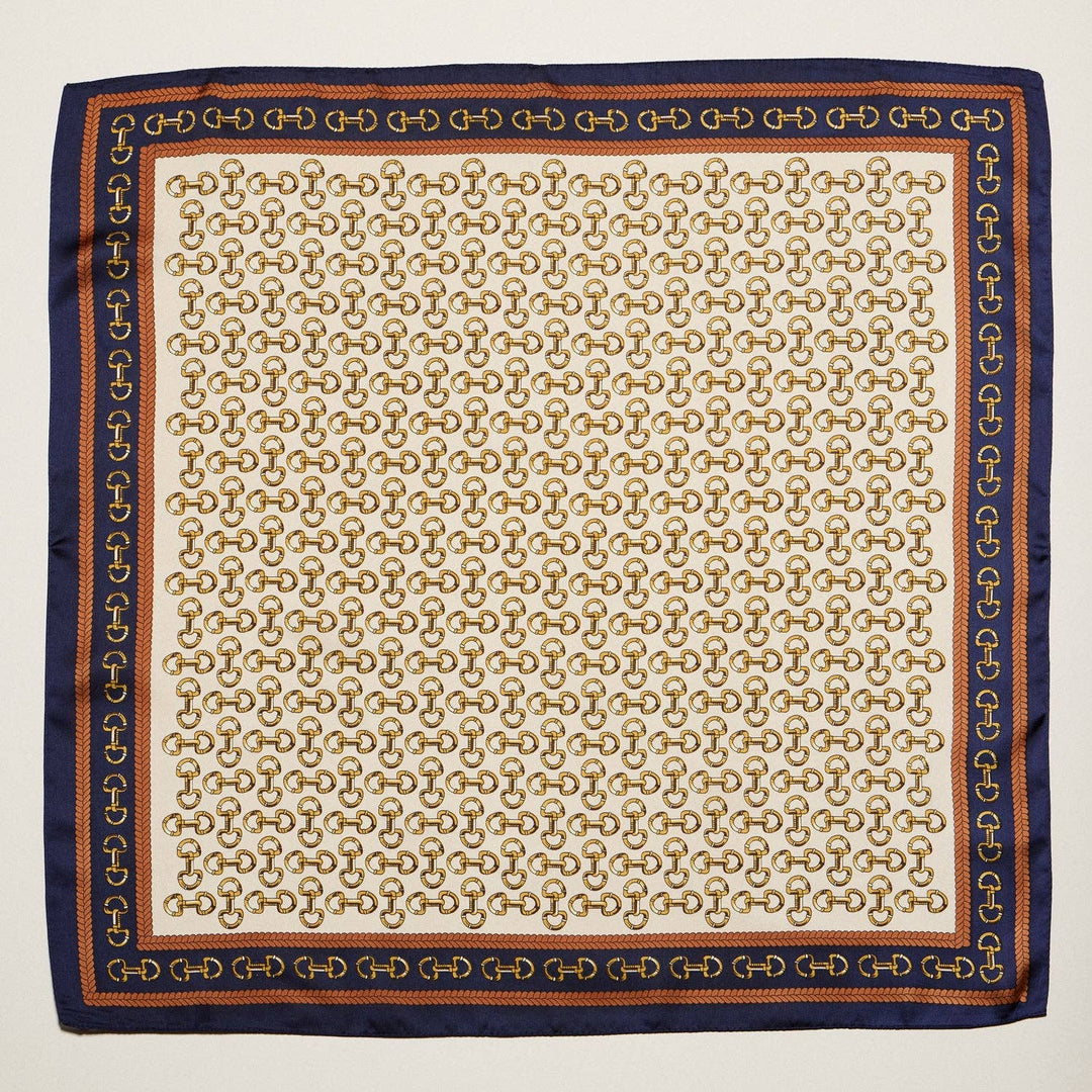Classic Chain Print Square Scarf | Green &amp; Navy Border Silk-Feel Fashion Scarf