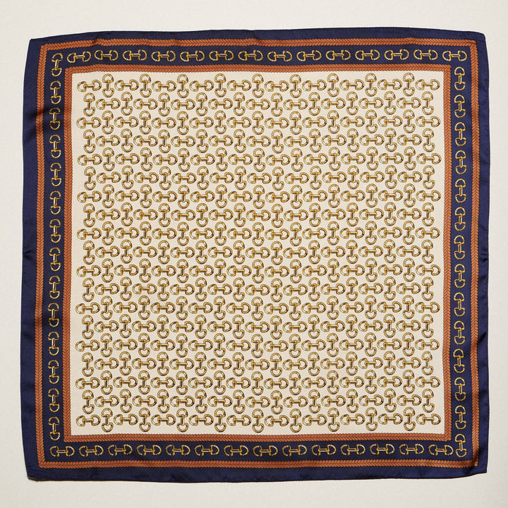 Classic Chain Print Square Scarf | Green &amp; Navy Border Silk-Feel Fashion Scarf