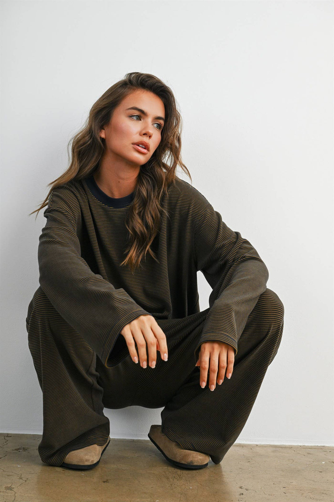 Navy &amp; Olive Striped Long-Sleeve Crewneck Shirt