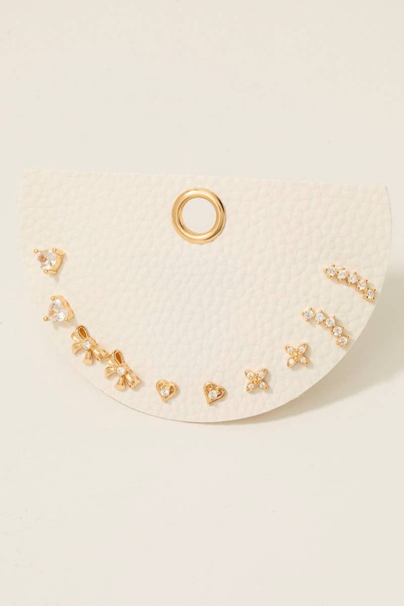 5Pc Cz Heart Clover And Ribbon Bow Stud Earrings Set