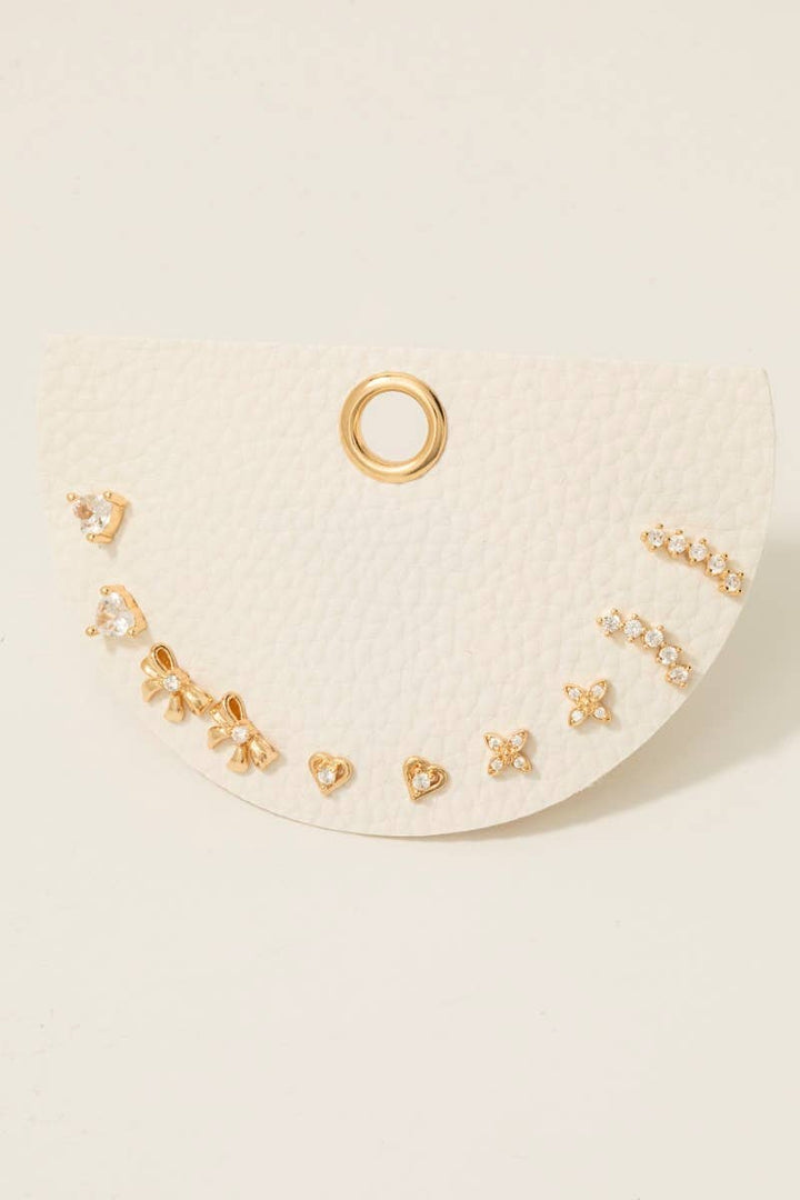 5Pc Cz Heart Clover And Ribbon Bow Stud Earrings Set