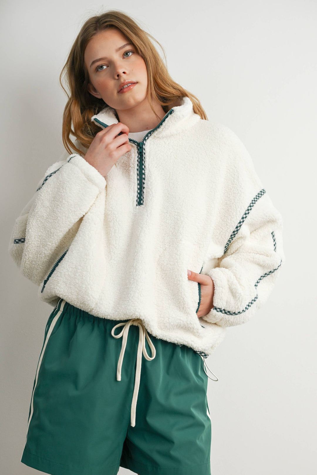 Kelly Green Trim  Sherpa Half Zip Pullover