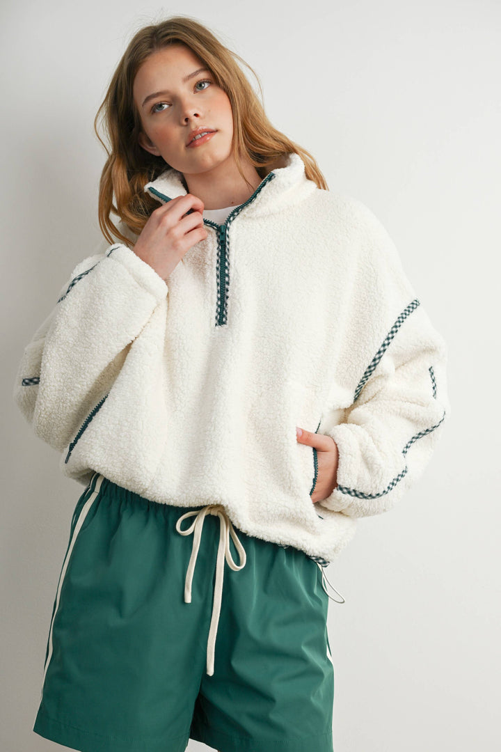 Kelly Green Trim  Sherpa Half Zip Pullover