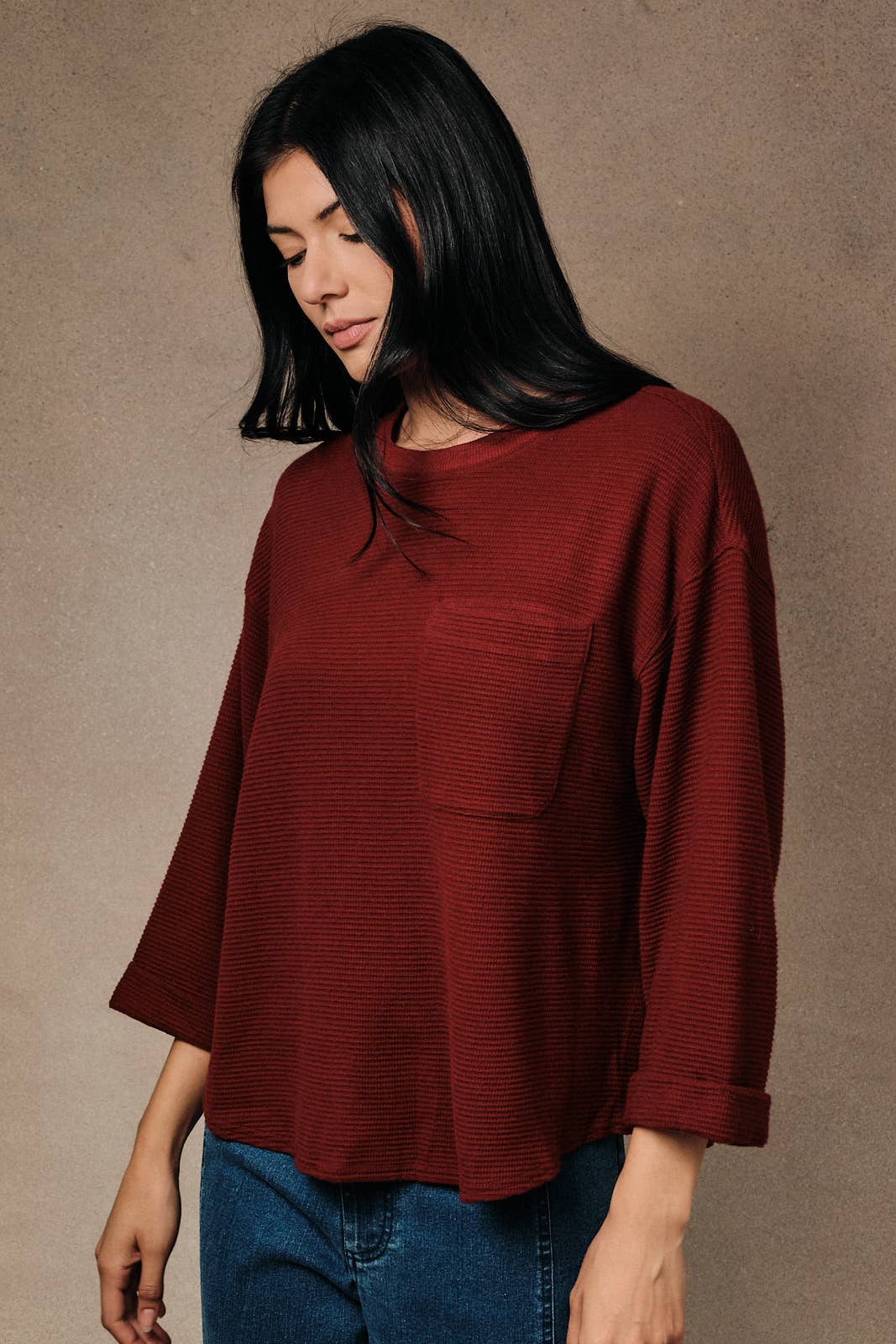 Round Neck 3/4 Cuffed Sleeve Pocket Ribbed Knit Top