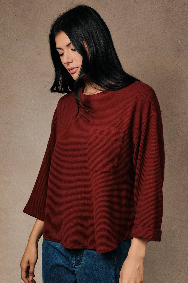 Round Neck 3/4 Cuffed Sleeve Pocket Ribbed Knit Top