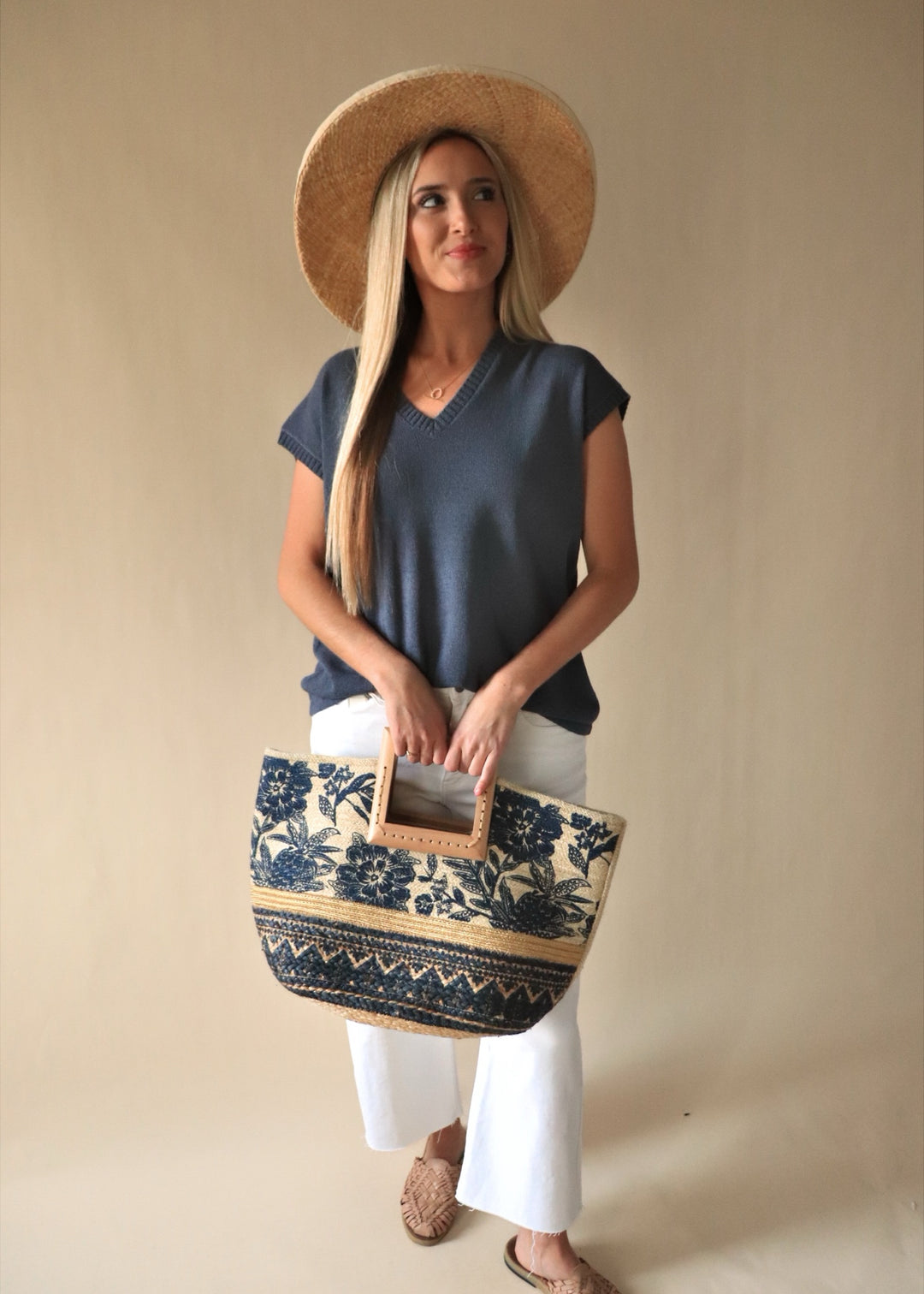 Floral Print Wooden Square Handle Tote Bag