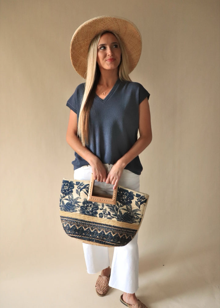 Floral Print Wooden Square Handle Tote Bag