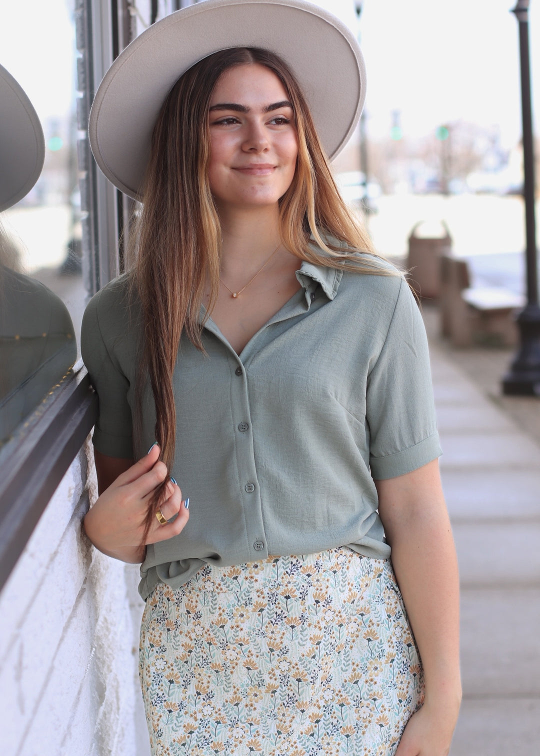 Optimistic Ruffled Collared Blouse in Fog Green
