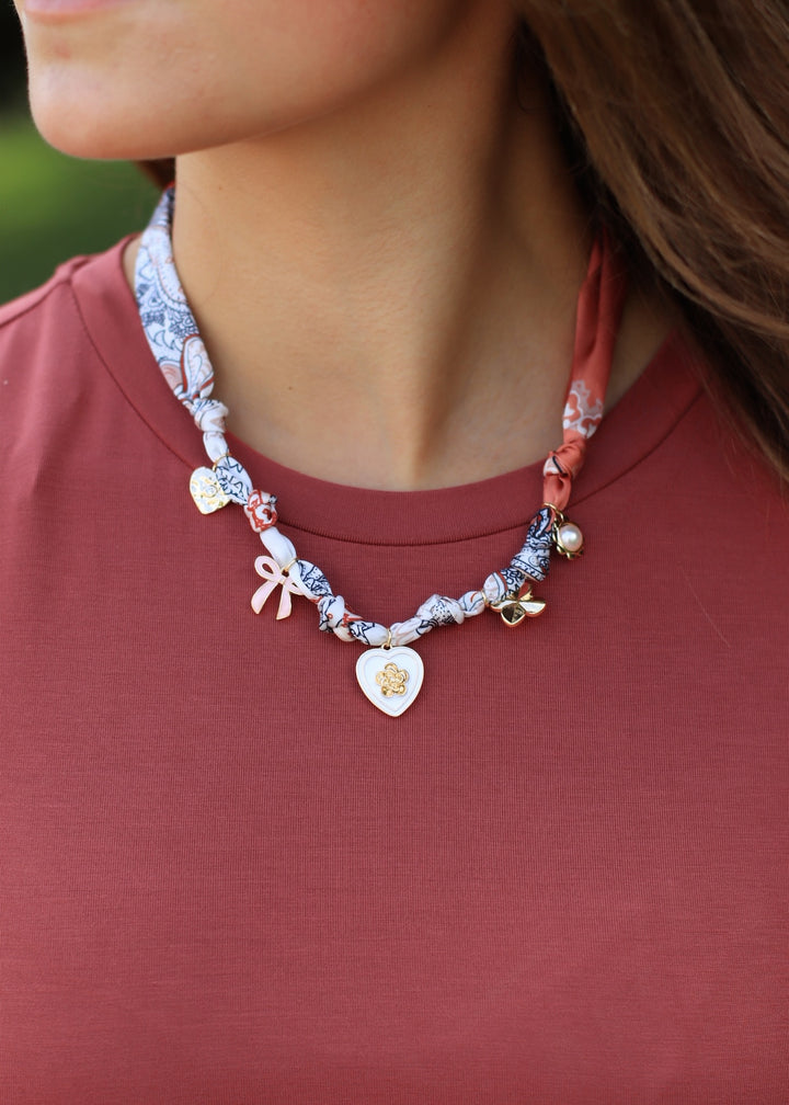 Enamel Heart And Ribbon Bow Charms Bandana Knotted Necklace