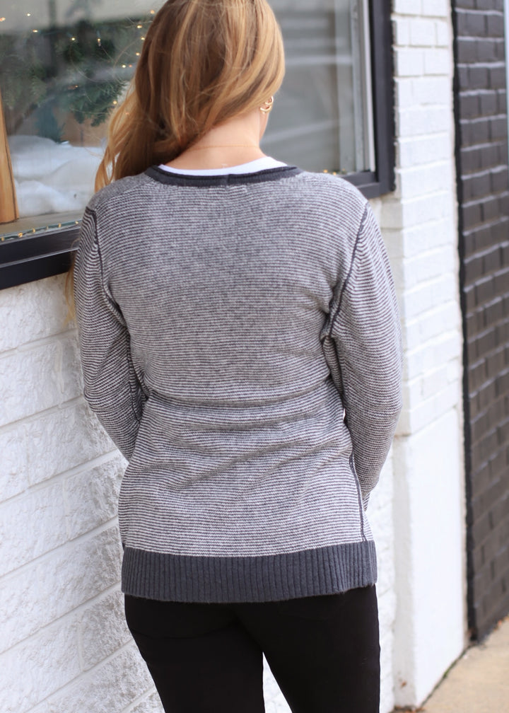 The Linton Stripe Cardigan in Charcoal