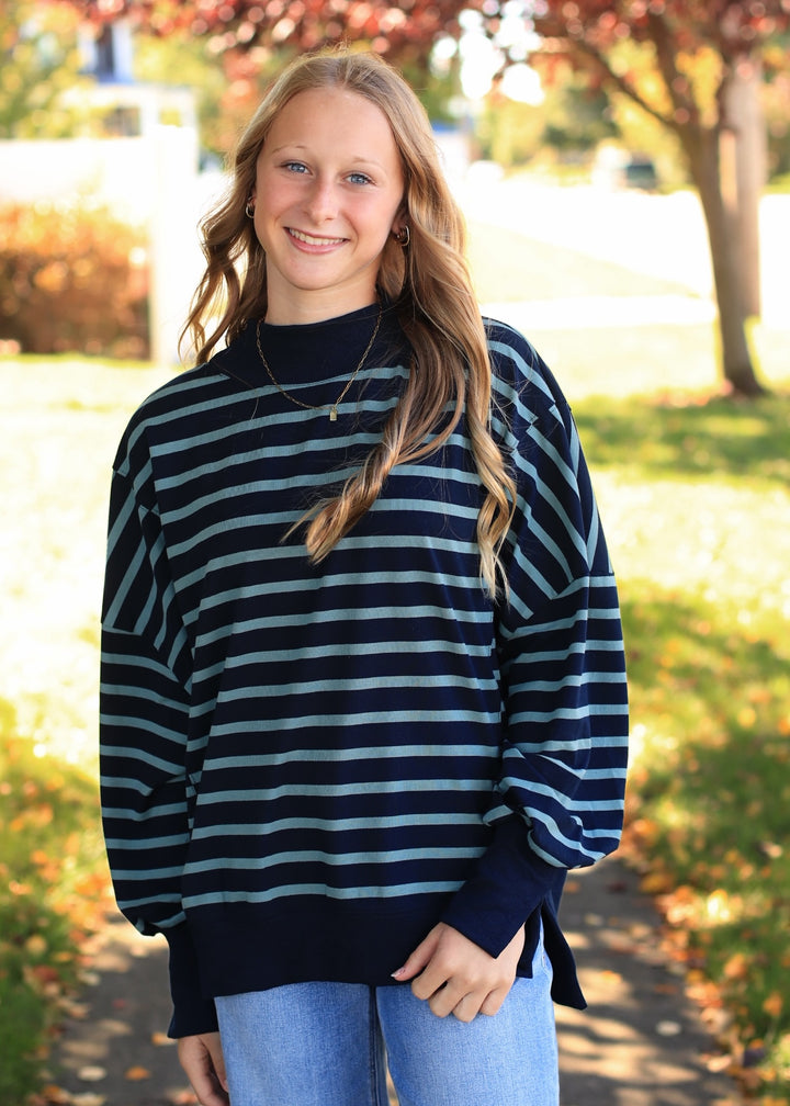 Striped Mock Neck Sweatshirt- Navy/Green