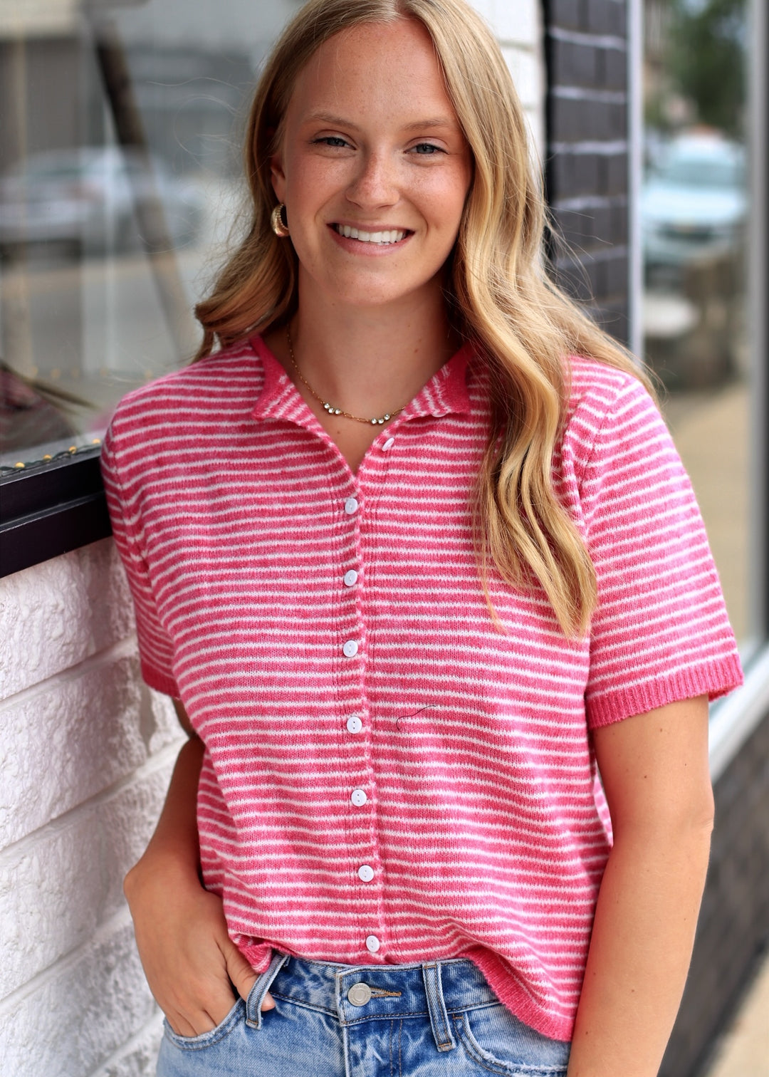 The Lucy Stripe Cardigan in Hot Pink