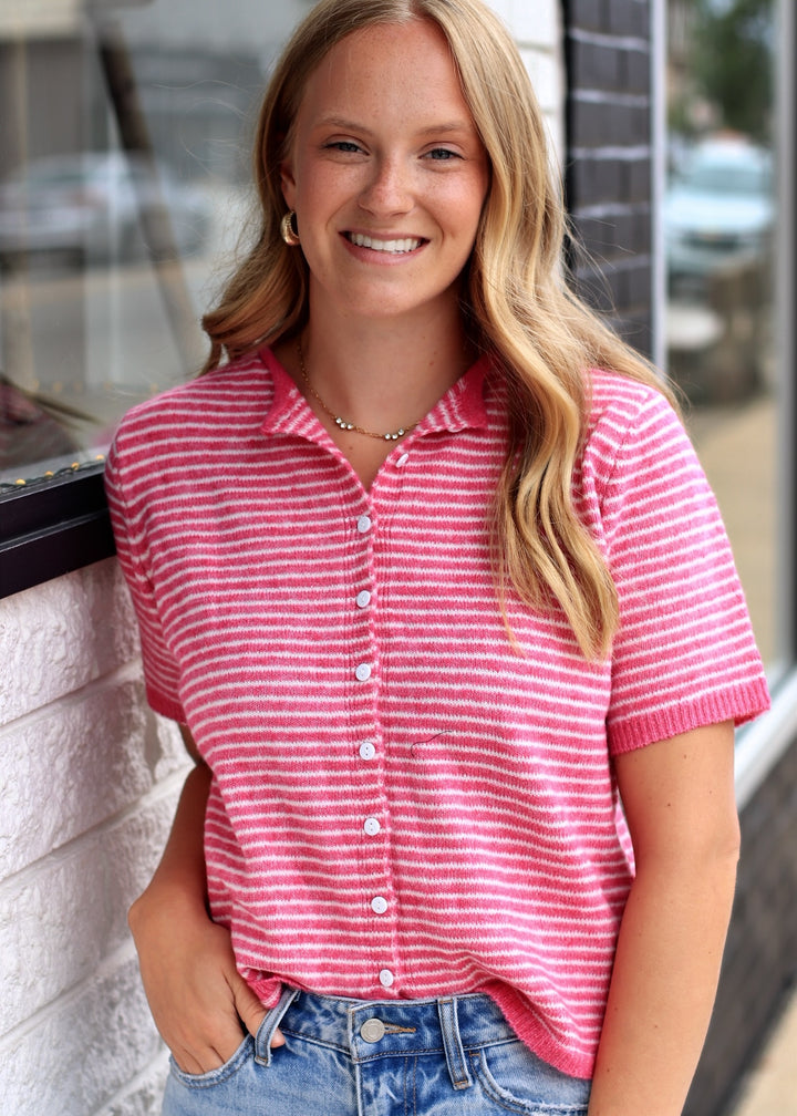 The Lucy Stripe Cardigan in Hot Pink