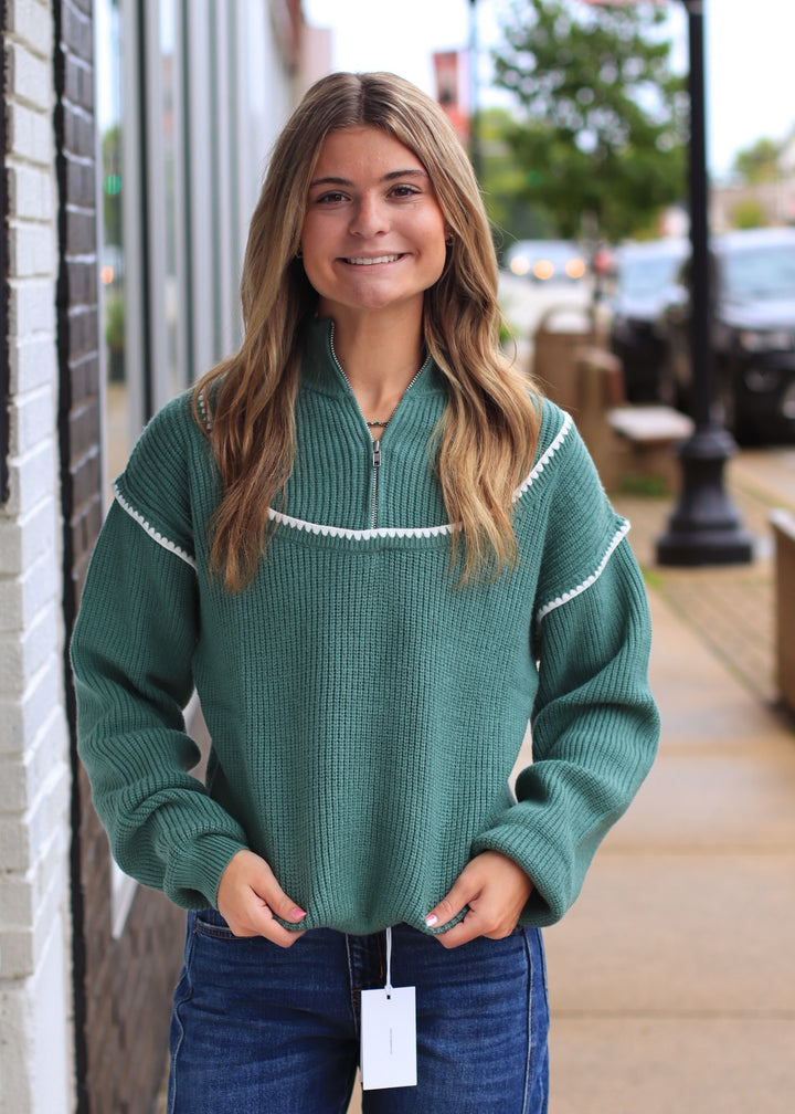 Cabin Air Contrast Whipstitch Embroidery Half Zip Sweater