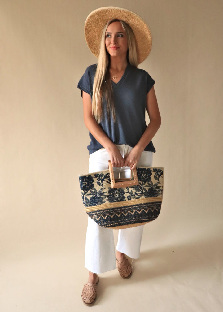 Floral Print Wooden Square Handle Tote Bag