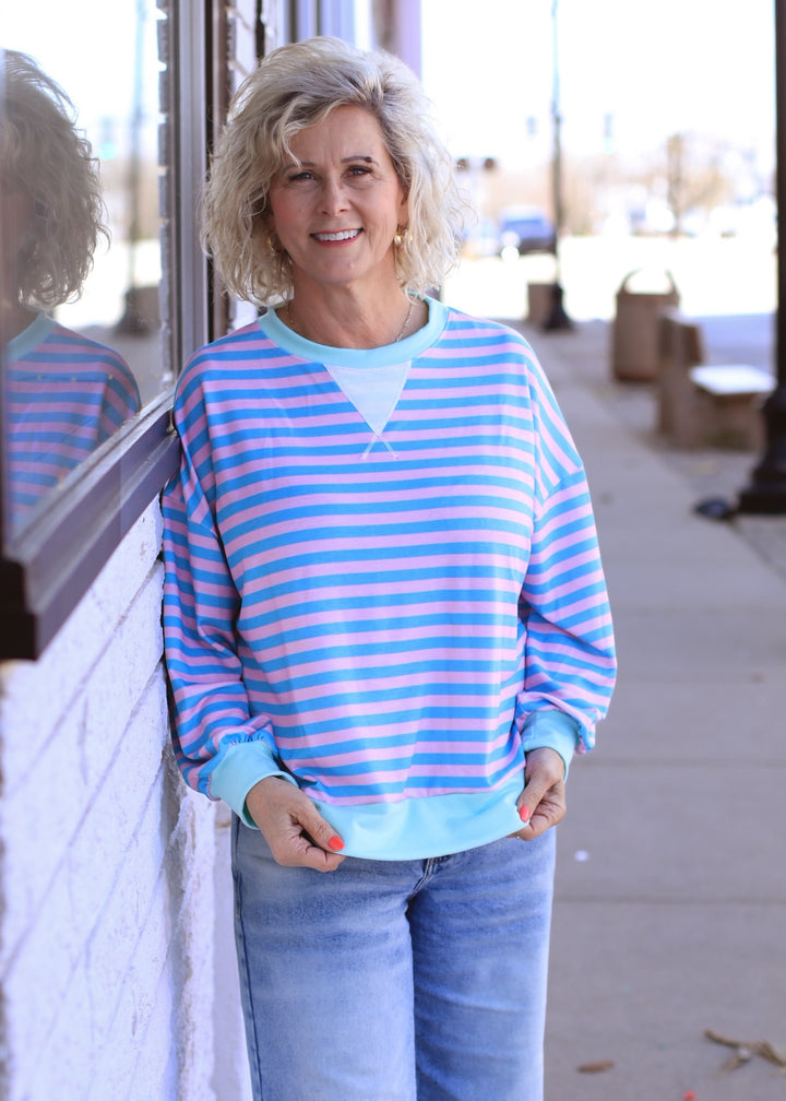 The Stevie Stripe Pullover in Teal/Blush