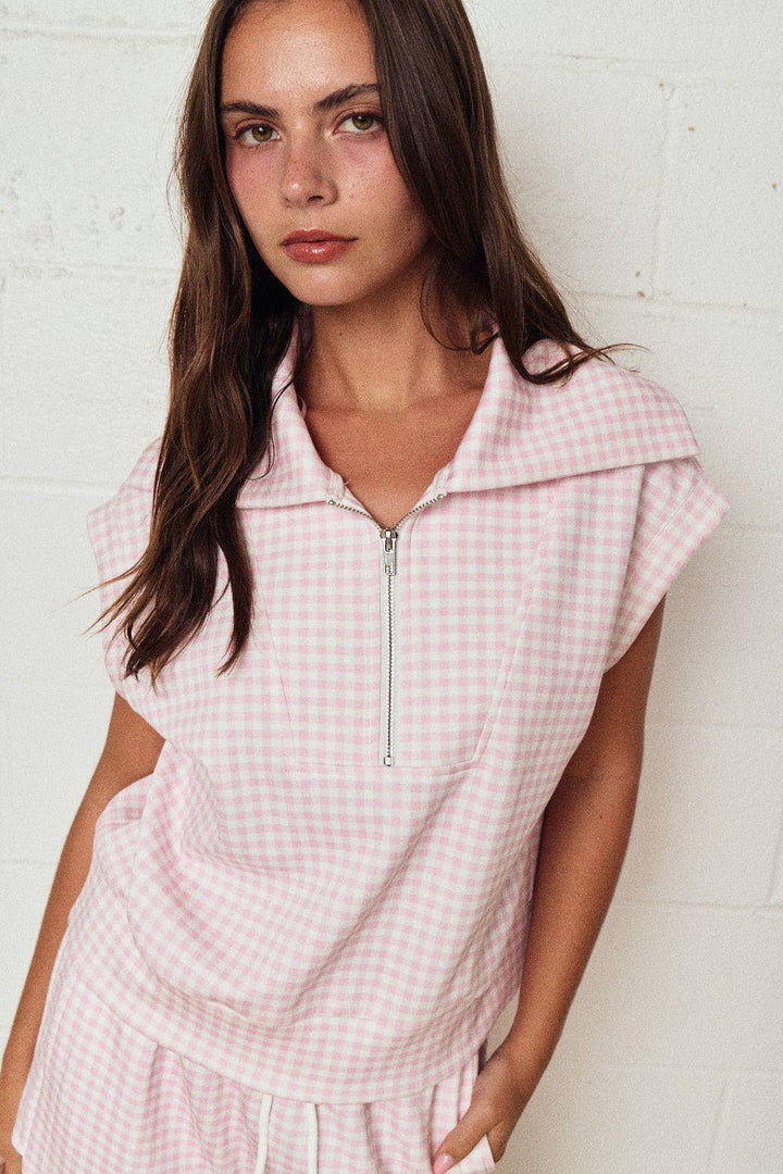 Gingham Zip Up Top in Yellow