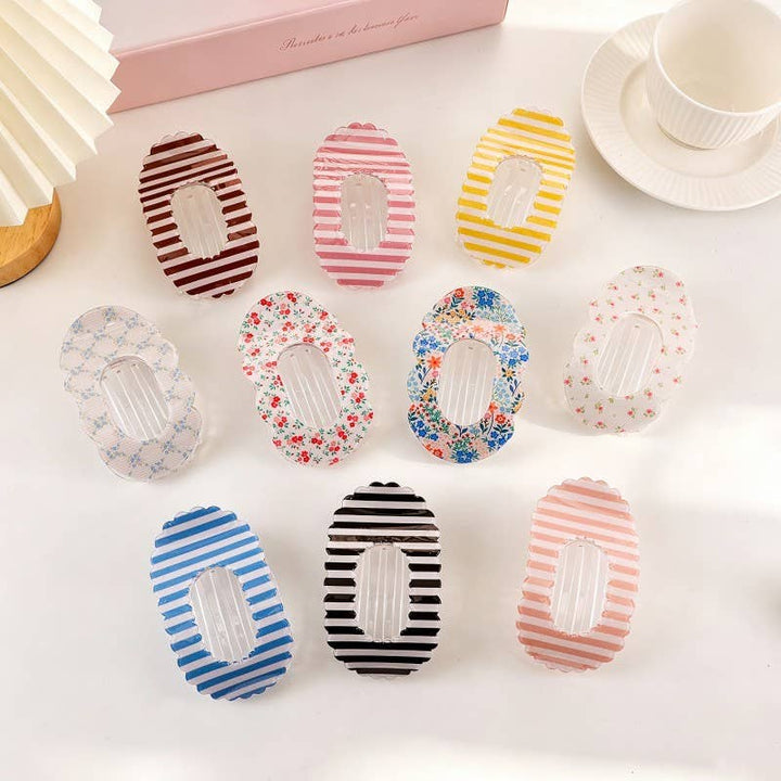 Stripe Pink Scalloped Edge Flat Hair Claw Clip