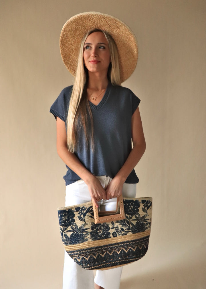 Floral Print Wooden Square Handle Tote Bag