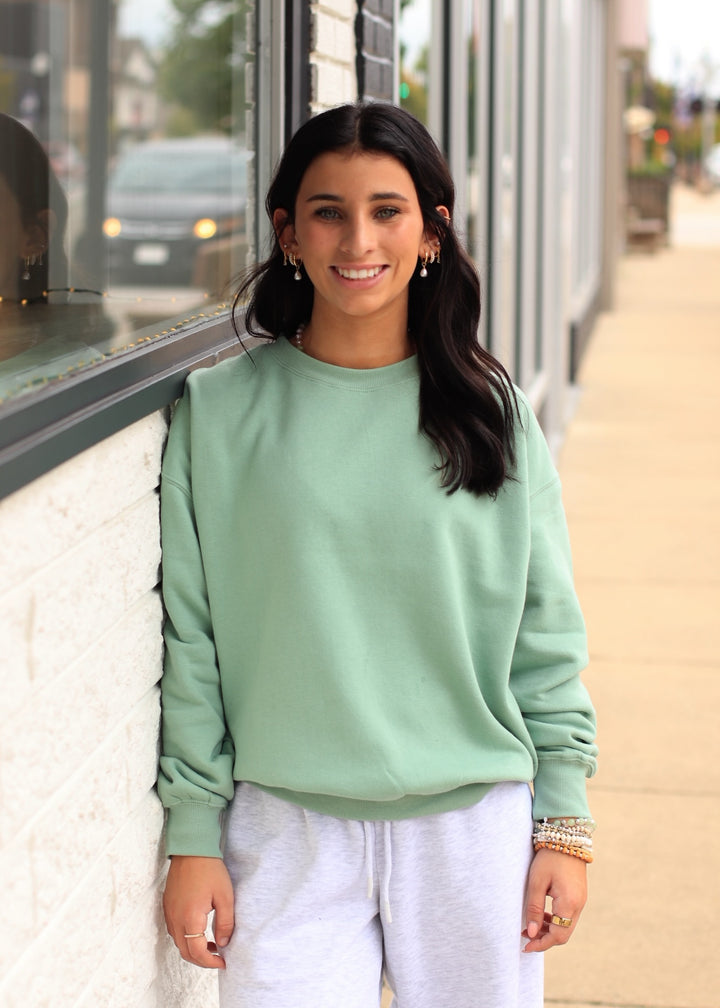 Fleece Basic Relaxed Fit Crew Neck in Granite Green