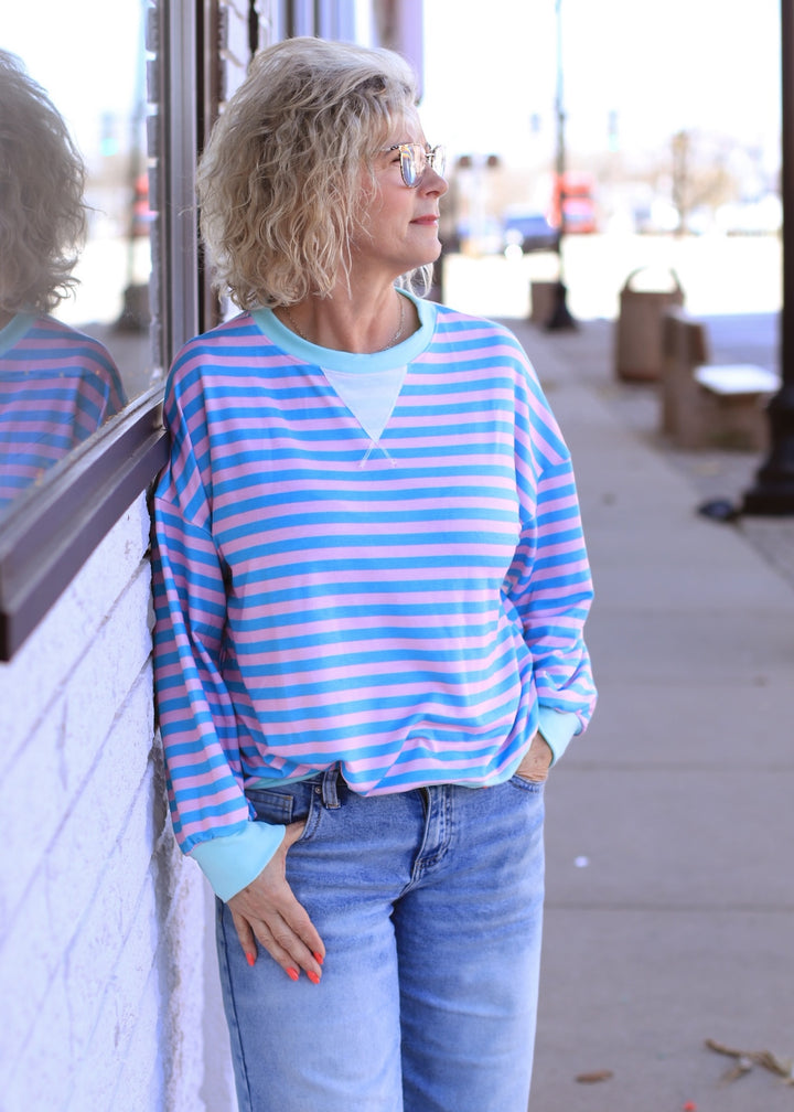 The Stevie Stripe Pullover in Teal/Blush