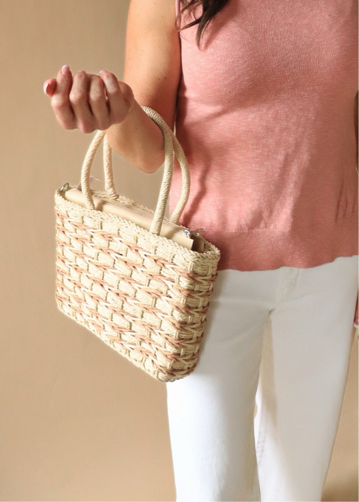 Two Tone Braided Zippered Hand Bag
