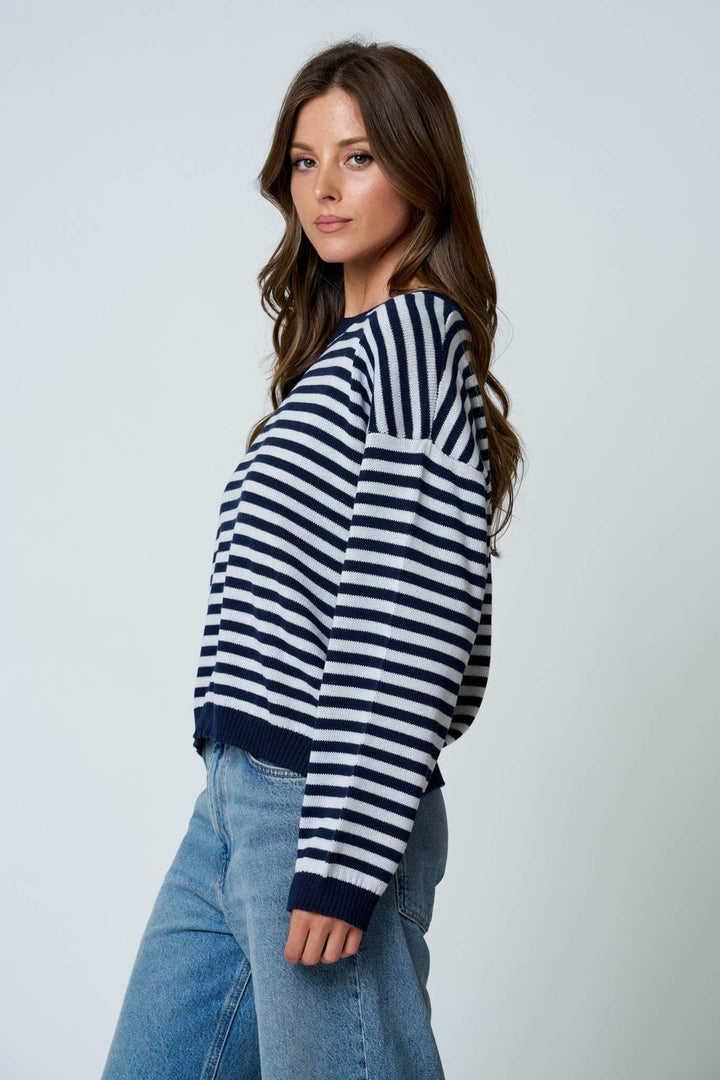 Oatmeal &amp; Brown Stripe Back Button Sweater