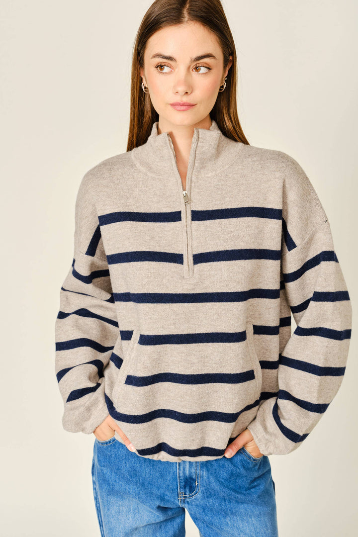 Mary Ann Striped Mock Neck Zip-Up Sweater