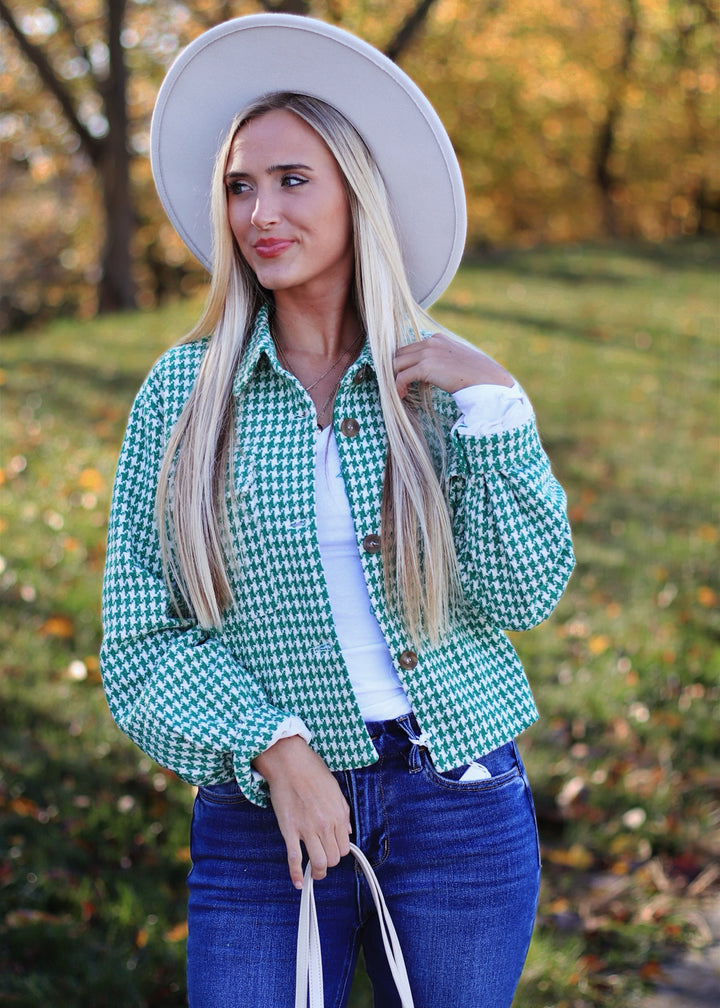 RESTOCKED Houndstooth Tweed Button-Up Jacket