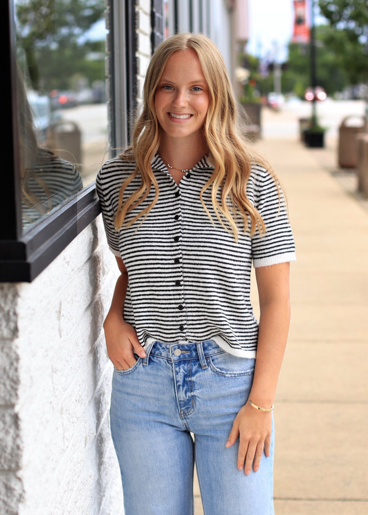 The Lucy Stripe Cardigan in Black